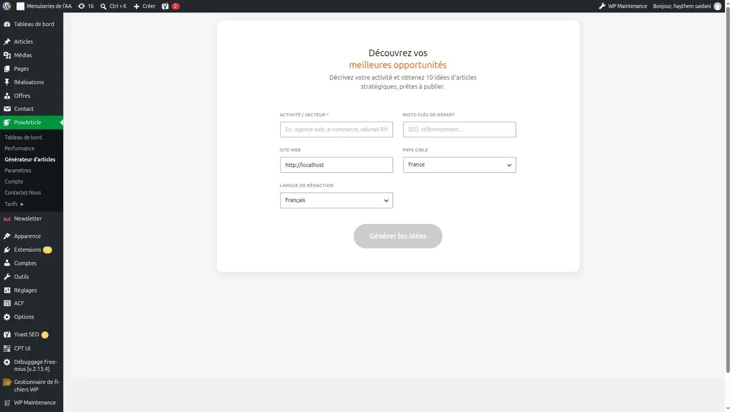 Écran du plugin PowArticle dans l'admin WordPress